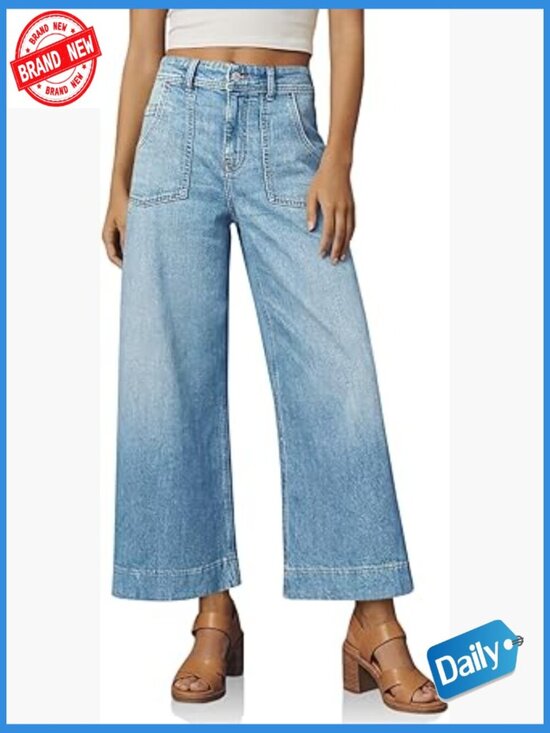 Denim - High Waisted Baggy Wide Leg Cropped Jeans Stretchy Denim Pants